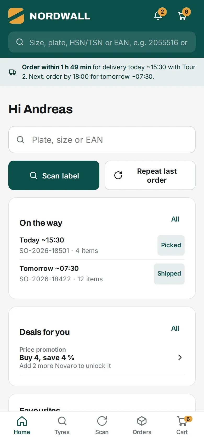 Dealer shop on a phone: search by plate, size or EAN, repeat last order, deliveries on the way.