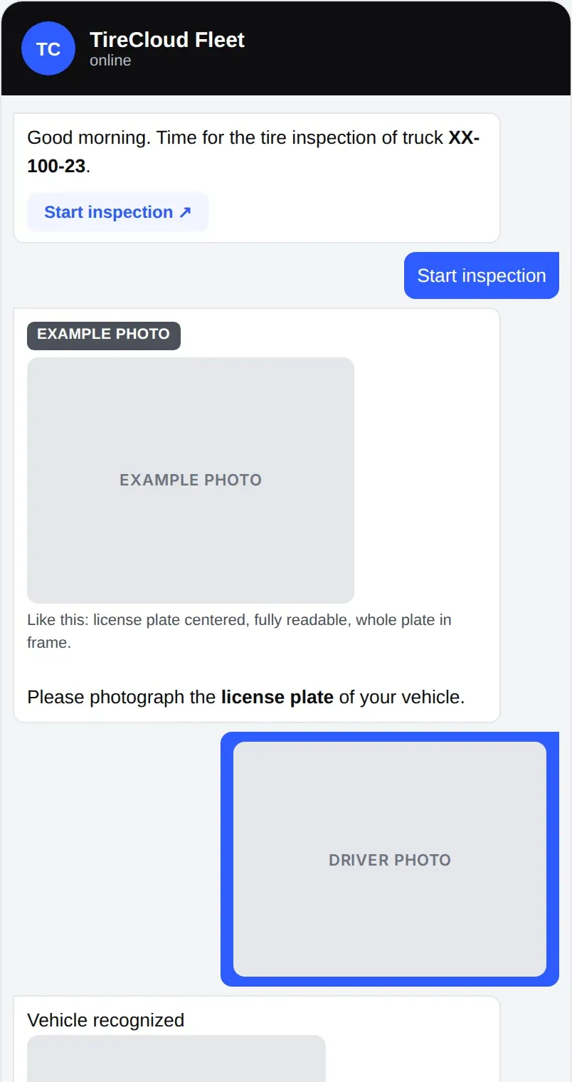 Guided tire inspection in a chat: the driver is asked to photograph the licence plate.